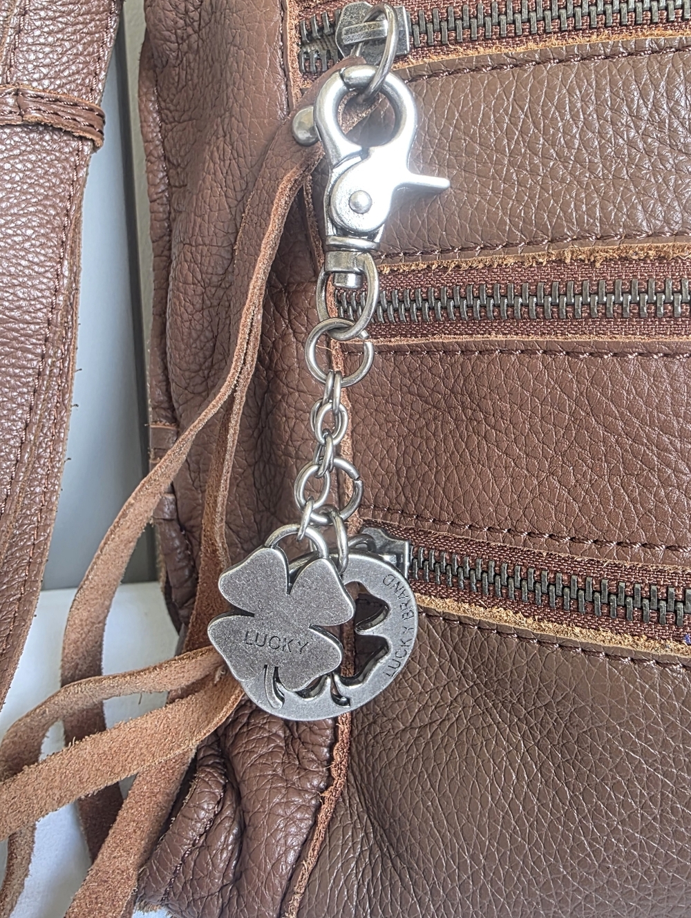 Lucky Brand Brown Leather Crossbody Bag with Signature Clover Charm - Picture 2 of 15